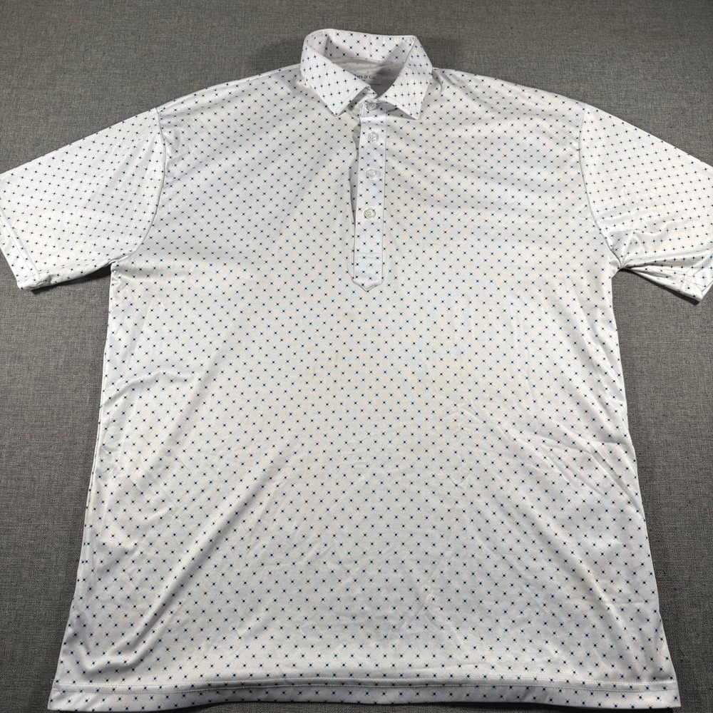 Collars & Co Polo Mens XL White Blue Geometric Print Short Sleeve Dress Collar